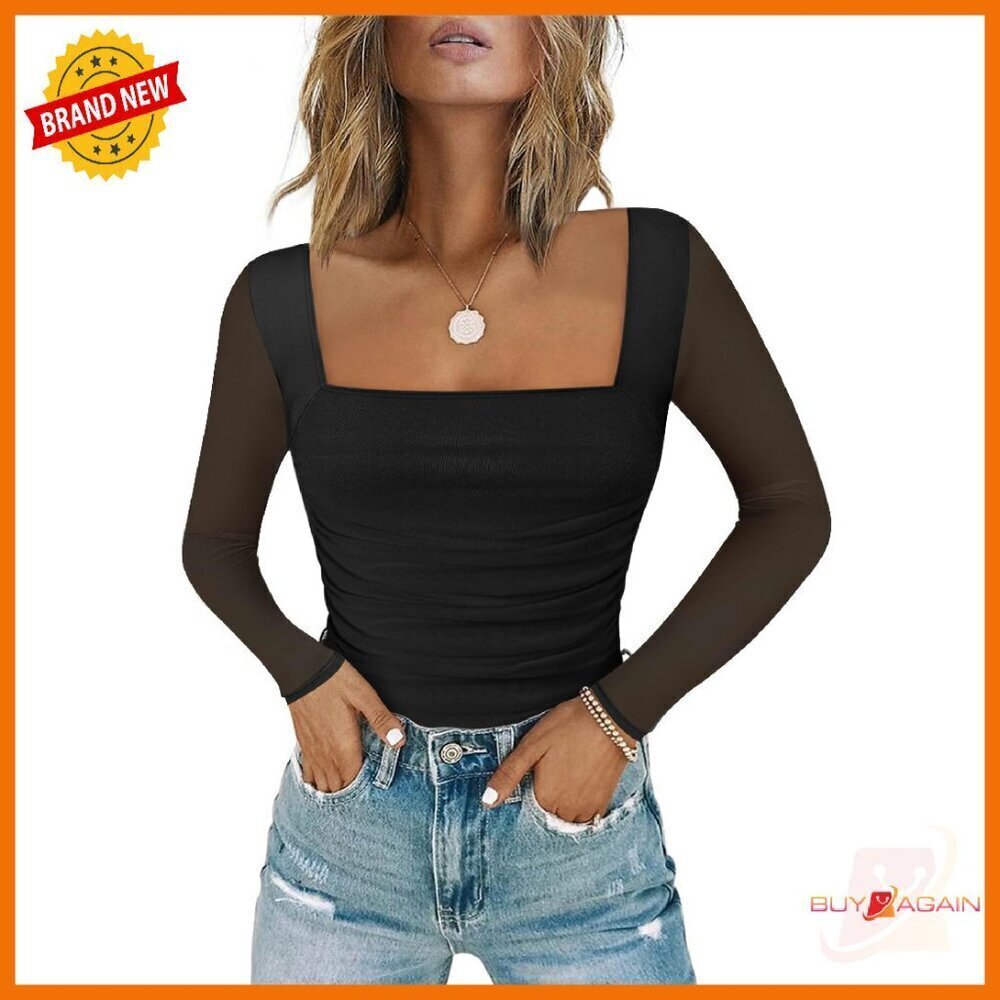 Mesh Long Sleeve Bodysuit Square Neck Ruched Thong Shapewear Slim Fit
